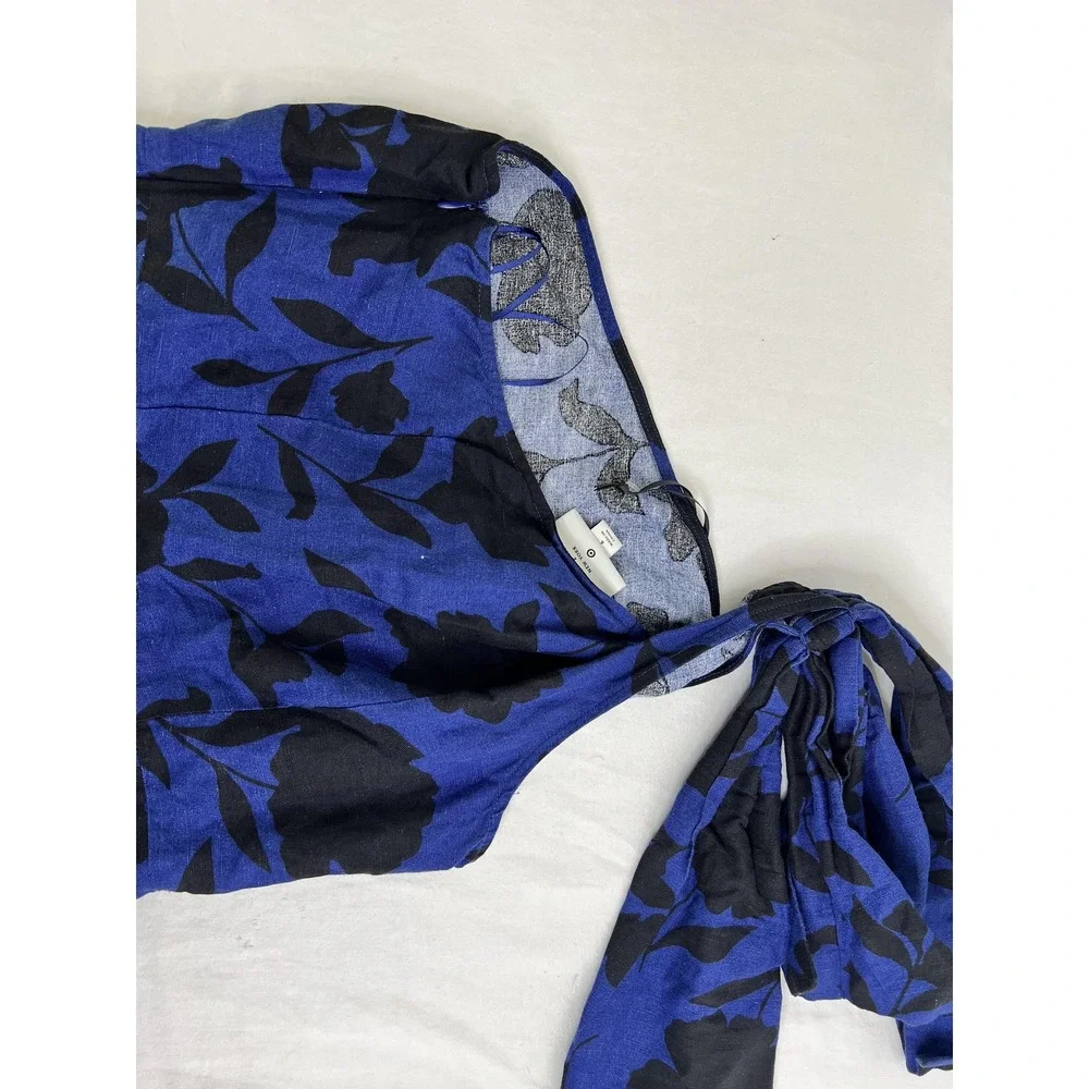 Kate Spade Jumpsuit Womens 6 Blue Black Floral One Shoulder Wide Leg Linen Blend